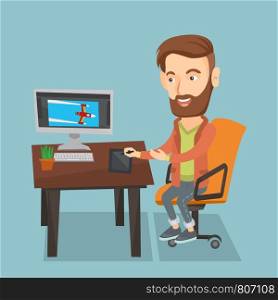 Caucasian hipster man with beard drawing on graphics tablet. Young graphic designer using a digital graphics tablet, computer and pen. Vector flat design illustration. Square layout.. Designer using digital graphics tablet.
