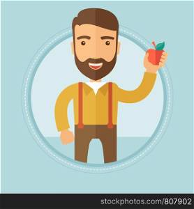 Caucasian hipster man with beard holding an apple. Young man eating an apple. Happy man choosing healthy lifestyle and nutrition. Vector flat design illustration in the circle isolated on background.. Young man holding apple vector illustration.