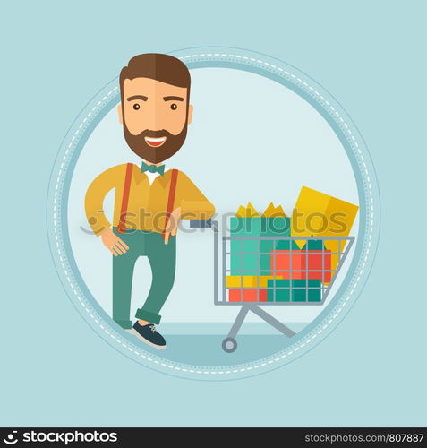 Caucasian hipster man with beard leaning on supermarket trolley full of gift boxes. Happy man buying gifts for christmas presents. Vector flat design illustration in the circle isolated on background.. Customer with shopping trolley full of gift boxes.