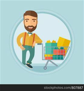Caucasian hipster man with beard leaning on supermarket trolley full of gift boxes. Happy man buying gifts for christmas presents. Vector flat design illustration in the circle isolated on background.. Customer with shopping trolley full of gift boxes.