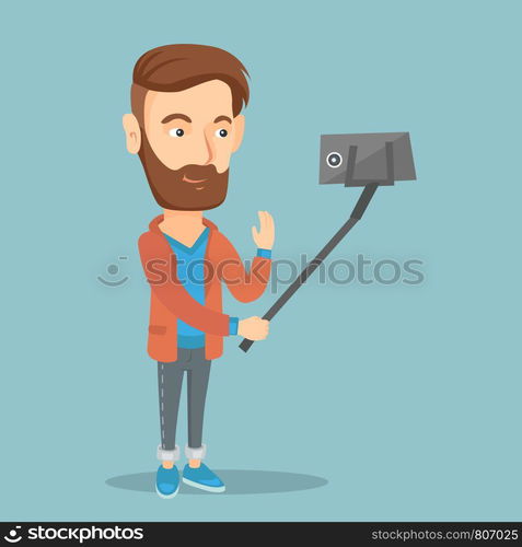 Caucasian hipster man with beard making selfie with a selfie-stick. Smiling man taking photo with a cellphone. Young man taking selfie and waving hand. Vector flat design illustration. Square layout.. Man making selfie vector illustration.