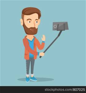 Caucasian hipster man with beard making selfie with a selfie-stick. Smiling man taking photo with a cellphone. Young man taking selfie and waving hand. Vector flat design illustration. Square layout.. Man making selfie vector illustration.