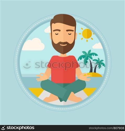 Caucasian hipster man with beard meditating in yoga lotus pose on the beach. Man relaxing on the beach in the yoga lotus position. Vector flat design illustration in the circle isolated on background.. Man meditating in lotus pose vector illustration.