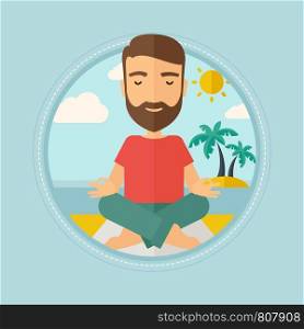 Caucasian hipster man with beard meditating in yoga lotus pose on the beach. Man relaxing on the beach in the yoga lotus position. Vector flat design illustration in the circle isolated on background.. Man meditating in lotus pose vector illustration.
