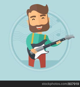 Caucasian hipster man with beard playing electric guitar. Young musician practicing in playing guitar. Guitarist playing music. Vector flat design illustration in the circle isolated on background.. Musician playing electric guitar.