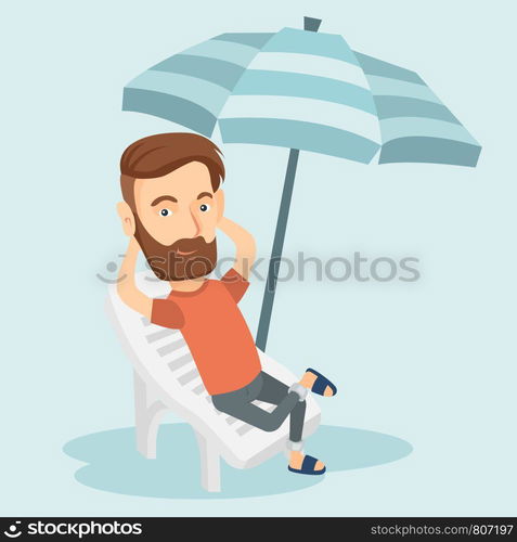 Caucasian hipster man with beard sitting on the beach chair. Young happy man resting on holiday while sitting under umbrella on the beach chair. Vector flat design illustration. Square layout.. Man relaxing on beach chair vector illustration.