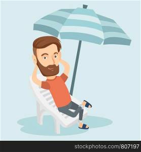 Caucasian hipster man with beard sitting on the beach chair. Young happy man resting on holiday while sitting under umbrella on the beach chair. Vector flat design illustration. Square layout.. Man relaxing on beach chair vector illustration.