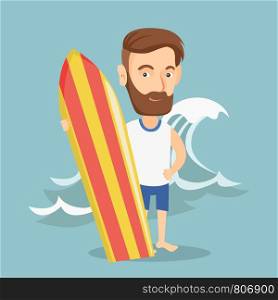 Caucasian hipster man with beard standing with a surf board on the beach. Young surfer holding a surf board on the background of sea wave. Vector flat design illustration. Square layout.. Surfer holding a surfboard vector illustration.