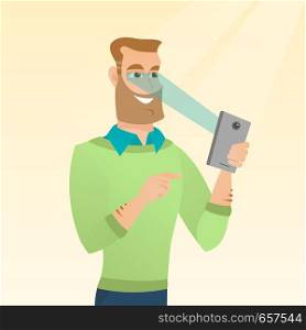 Caucasian hipster man with beard using smart mobile phone with retina scanner. Young happy man using iris scanner to unlock his mobile phone. Vector cartoon illustration. Square layout.. Man using iris scanner to unlock his mobile phone.