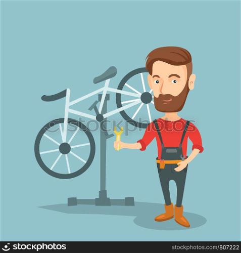 Caucasian hipster man with beard working in bike workshop. Technician fixing bicycle in repair shop. Bicycle mechanic repairing bicycle. Vector flat design illustration. Square layout.. Caucasian bicycle mechanic working in repair shop.