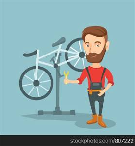 Caucasian hipster man with beard working in bike workshop. Technician fixing bicycle in repair shop. Bicycle mechanic repairing bicycle. Vector flat design illustration. Square layout.. Caucasian bicycle mechanic working in repair shop.