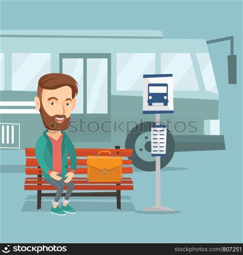 Caucasian hipster man with briefcase waiting for a bus at the bus stop. Young businessman sitting at the bus stop. Man sitting on a bus stop bench. Vector flat design illustration. Square layout.. Businessman waiting for bus at the bus stop.