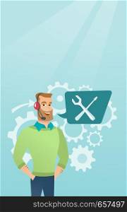 Caucasian hipster operator of technical support wearing headphone set. Young technical support operator and speech square with screwdriver and wrench. Vector cartoon illustration. Vertical layout.. Young caucasian technical support operator.
