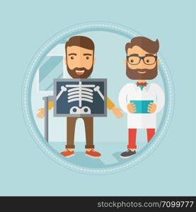 Caucasian hipster patient with beard during x-ray procedure in examination room. Cheerful patient on reception at the radiologist. Vector flat design illustration in the circle isolated on background.. Patient during x ray procedure vector illustration