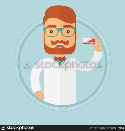 Caucasian hipster pharmacist with the beard showing some medicine. Young smiling male pharmacist holding a box of pills. Vector flat design illustration in the circle isolated on background.. Pharmacist showing some medicine.