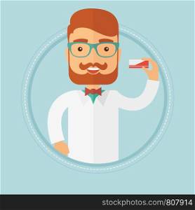 Caucasian hipster pharmacist with the beard showing some medicine. Young smiling male pharmacist holding a box of pills. Vector flat design illustration in the circle isolated on background.. Pharmacist showing some medicine.