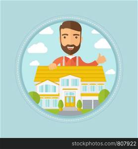 Caucasian hipster real estate agent standing behind the house and giving thumb up. Male real estate agent offering the house. Vector flat design illustration in the circle isolated on background.. Real estate agent giving thumb up.