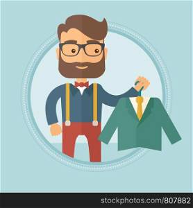 Caucasian hipster shopper holding hanger with suit jacket and shirt. Shopper choosing suit jacket. Shop assistant offering suit. Vector flat design illustration in the circle isolated on background.. Shopper holding suit jacket vector illustration.