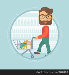 Caucasian hipster shopper walking with supermarket trolley with some goods in it at grocery store. Shopper shopping at supermarket. Vector flat design illustration in the circle isolated on background. Customer walking in store with shopping trolley.