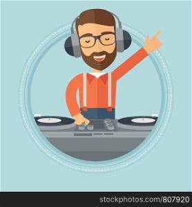 Caucasian hipster young DJ with the beard mixing music on turntables. Young DJ in headphones enjoying by playing and mixing music. Vector flat design illustration in the circle isolated on background.. Smiling DJ mixing music on turntables.