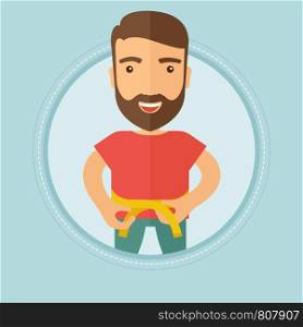 Caucasian hipster young man measuring his waistline with tape. Man measuring with tape the abdomen. Man with centimeter on waist. Vector flat design illustration in the circle isolated on background.. Man measuring waist vector illustration.