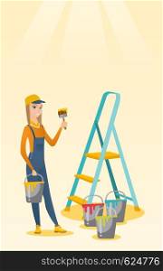 Caucasian house painter holding paintbrush. House painter with paintbrush in hand standing near step-ladder and paint cans. House renovation concept. Vector flat design illustration. Vertical layout.. Painter with paint brush vector illustration.