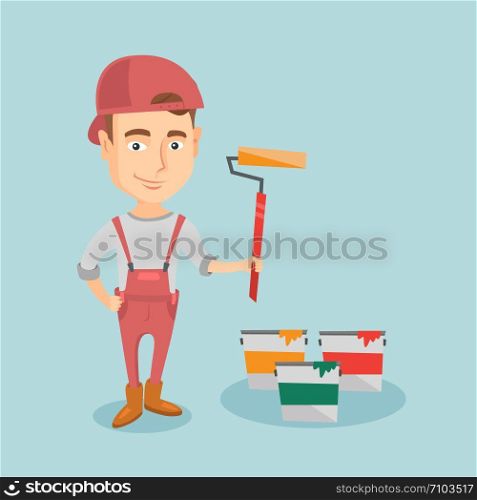 Caucasian house painter in uniform holding paint roller in hands. Young cheerful house painter at work. Smiling house painter standing near paint cans. Vector flat design illustration. Square layout.. Painter holding paint roller vector illustration.