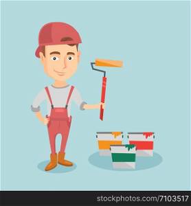Caucasian house painter in uniform holding paint roller in hands. Young cheerful house painter at work. Smiling house painter standing near paint cans. Vector flat design illustration. Square layout.. Painter holding paint roller vector illustration.