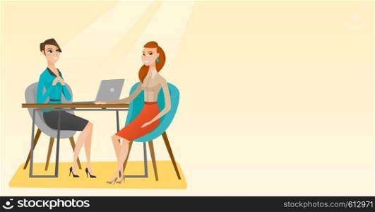Caucasian human resource manager talking with job applicant. Young female job applicant during job interview for the position. Job interview concept. Vector flat design illustration. Horizontal layout. Job applicant having interview for the position.
