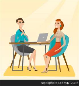 Caucasian human resource manager talking with job applicant. Young female job applicant during job interview for the position. Job interview concept. Vector flat design illustration. Square layout.. Job applicant having interview for the position.