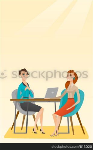 Caucasian human resource manager talking with job applicant. Young female job applicant during job interview for the position. Job interview concept. Vector flat design illustration. Vertical layout.. Job applicant having interview for the position.