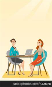 Caucasian human resource manager talking with job applicant. Young female job applicant during job interview for the position. Job interview concept. Vector flat design illustration. Vertical layout.. Job applicant having interview for the position.