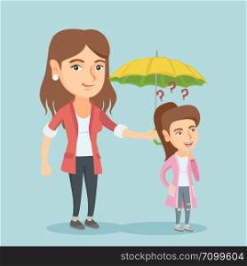 Caucasian insurance agent holding umbrella over a young woman. Woman standing under umbrella and question marks. Concept of protection and insurance. Vector cartoon illustration. Square layout.. Insurance agent holding umbrella over a woman.