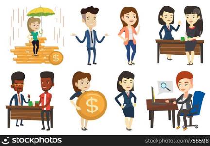 Caucasian insurance agent with umbrella. Insurance agent holding umbrella over coins. Business insurance and protection concept. Set of vector flat design illustrations isolated on white background.. Vector set of business characters.