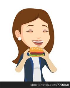 Caucasian joyful woman eating hamburger. Happy woman with eyes closed biting hamburger. Smiling woman is about to eat delicious hamburger. Vector flat design illustration isolated on white background.. Woman eating hamburger vector illustration.