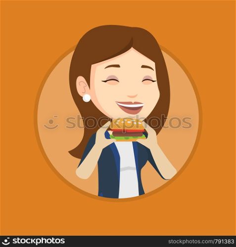 Caucasian joyful woman eating hamburger. Happy woman with eyes closed biting hamburger. Woman is about to eat delicious hamburger. Vector flat design illustration in the circle isolated on background.. Woman eating hamburger vector illustration.
