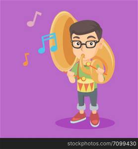 Caucasian kid playing the tuba and the drum. Little boy playing the tuba. Young cheerful boy playing the drum with drumsticks. Vector sketch cartoon illustration. Square layout.. Caucasian kid playing the tuba and the drum.