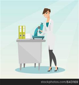 Caucasian laboratory assistant working with a microscope. Young female scientist working in the laboratory. Laboratory assistant using a microscope. Vector flat design illustration. Square layout.. Laboratory assistant with a microscope.