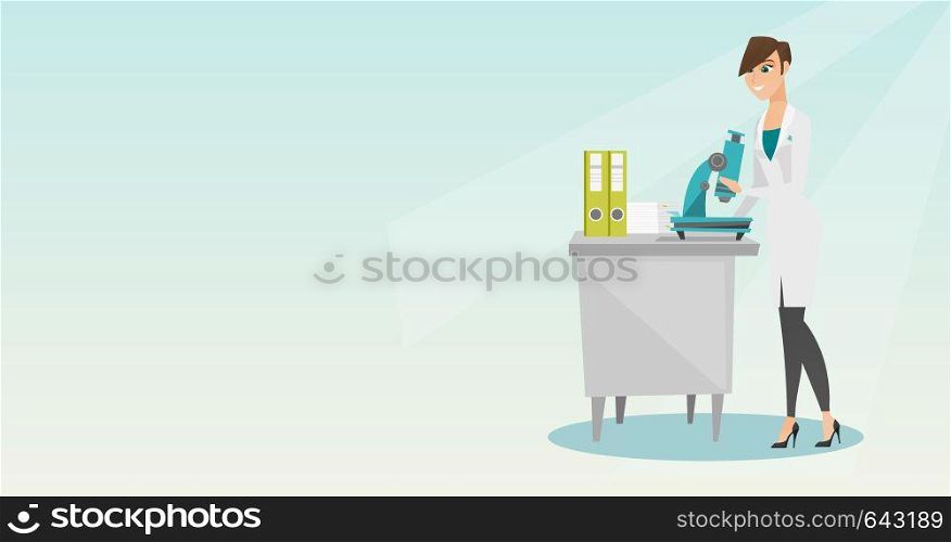 Caucasian laboratory assistant working with a microscope. Young female scientist working in the laboratory. Laboratory assistant using a microscope. Vector flat design illustration. Horizontal layout.. Laboratory assistant with a microscope.