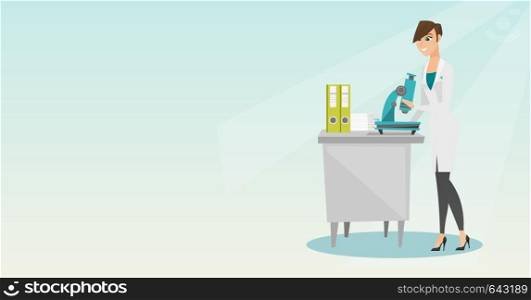 Caucasian laboratory assistant working with a microscope. Young female scientist working in the laboratory. Laboratory assistant using a microscope. Vector flat design illustration. Horizontal layout.. Laboratory assistant with a microscope.