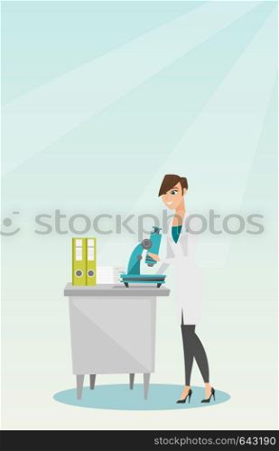 Caucasian laboratory assistant working with a microscope. Young female scientist working in the laboratory. Laboratory assistant using a microscope. Vector flat design illustration. Vertical layout.. Laboratory assistant with a microscope.
