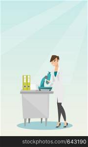 Caucasian laboratory assistant working with a microscope. Young female scientist working in the laboratory. Laboratory assistant using a microscope. Vector flat design illustration. Vertical layout.. Laboratory assistant with a microscope.