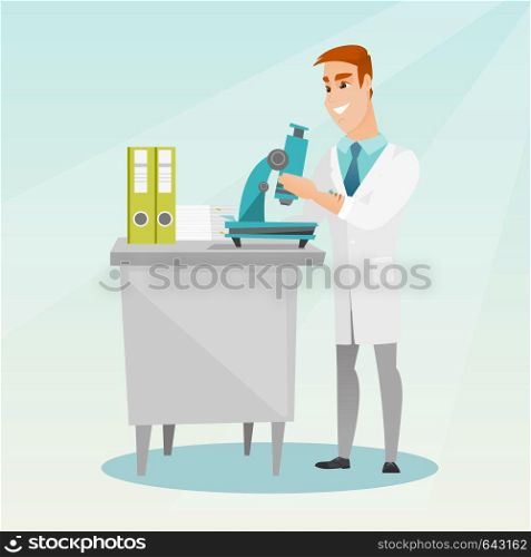 Caucasian laboratory assistant working with a microscope. Young smiling scientist working in the laboratory. Laboratory assistant using a microscope. Vector flat design illustration. Square layout.. Laboratory assistant with a microscope.