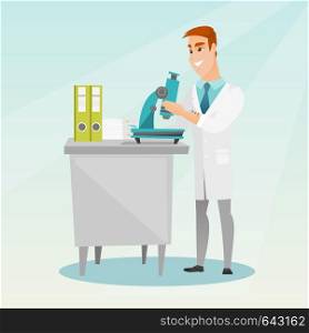 Caucasian laboratory assistant working with a microscope. Young smiling scientist working in the laboratory. Laboratory assistant using a microscope. Vector flat design illustration. Square layout.. Laboratory assistant with a microscope.