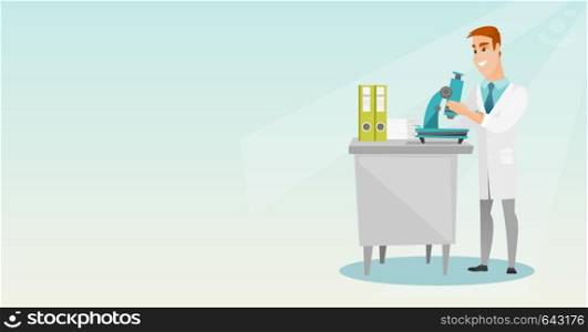 Caucasian laboratory assistant working with a microscope. Young smiling scientist working in the laboratory. Laboratory assistant using a microscope. Vector flat design illustration. Horizontal layout. Laboratory assistant with a microscope.