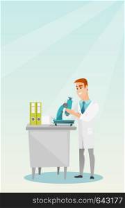 Caucasian laboratory assistant working with a microscope. Young smiling scientist working in the laboratory. Laboratory assistant using a microscope. Vector flat design illustration. Vertical layout.. Laboratory assistant with a microscope.