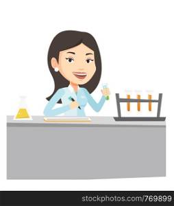 Caucasian laboratory assistant working with a test tube and taking some notes. Young laboratory assistant analyzing liquid in test tube. Vector flat design illustration isolated on white background.. Laboratory assistant working vector illustration.