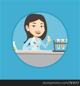Caucasian laboratory assistant working with a test tube and taking some notes. Laboratory assistant analyzing liquid in test tube. Vector flat design illustration in the circle isolated on background.. Laboratory assistant working vector illustration.