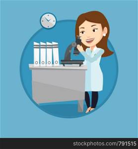 Caucasian laboratory assistant working with microscope. Scientist working at laboratory. Laboratory assistant using a microscope. Vector flat design illustration in the circle isolated on background.. Laboratory assistant with microscope.
