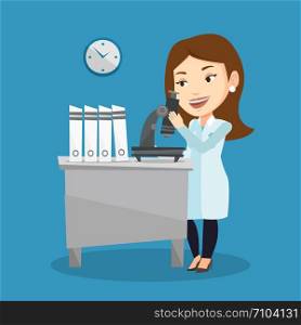 Caucasian laboratory assistant working with microscope. Young female scientist working at the laboratory. Laboratory assistant using a microscope. Vector flat design illustration. Square layout.. Laboratory assistant with microscope.